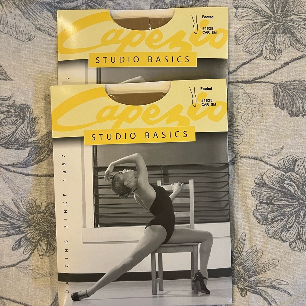 2 unopened packs of Capezio Adult studio basics footed tights, caramel size s/m